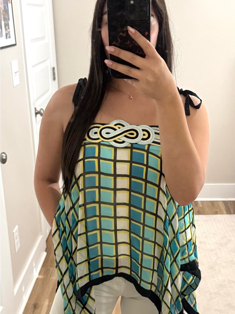 bebe Blue Green Plaid Tie-Shoulder Camisole with Embellished Neckline